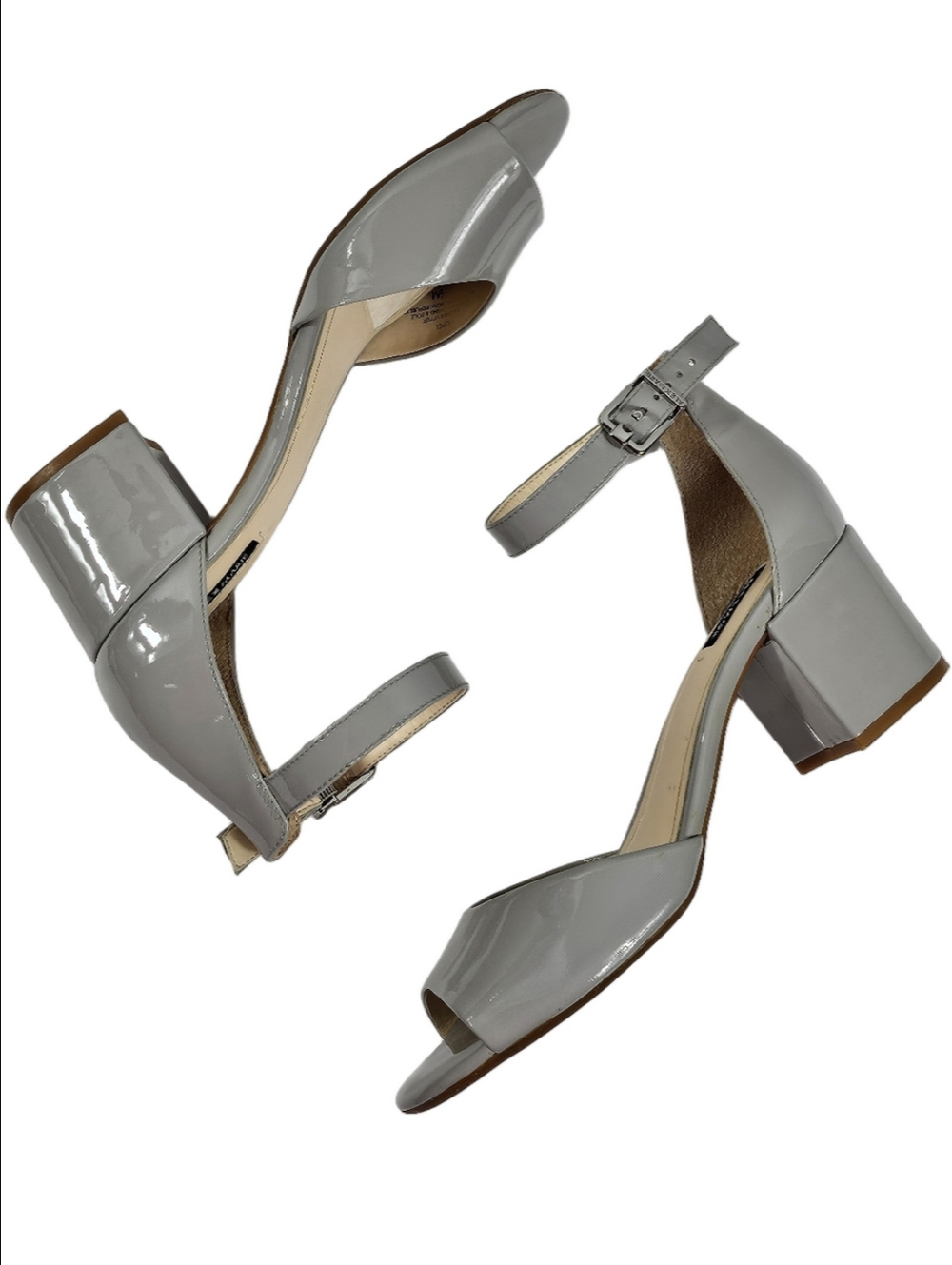 Alex Marie Opel Grey Patent Leather Ankle Strap Open Toe Low Block Heel Sandal